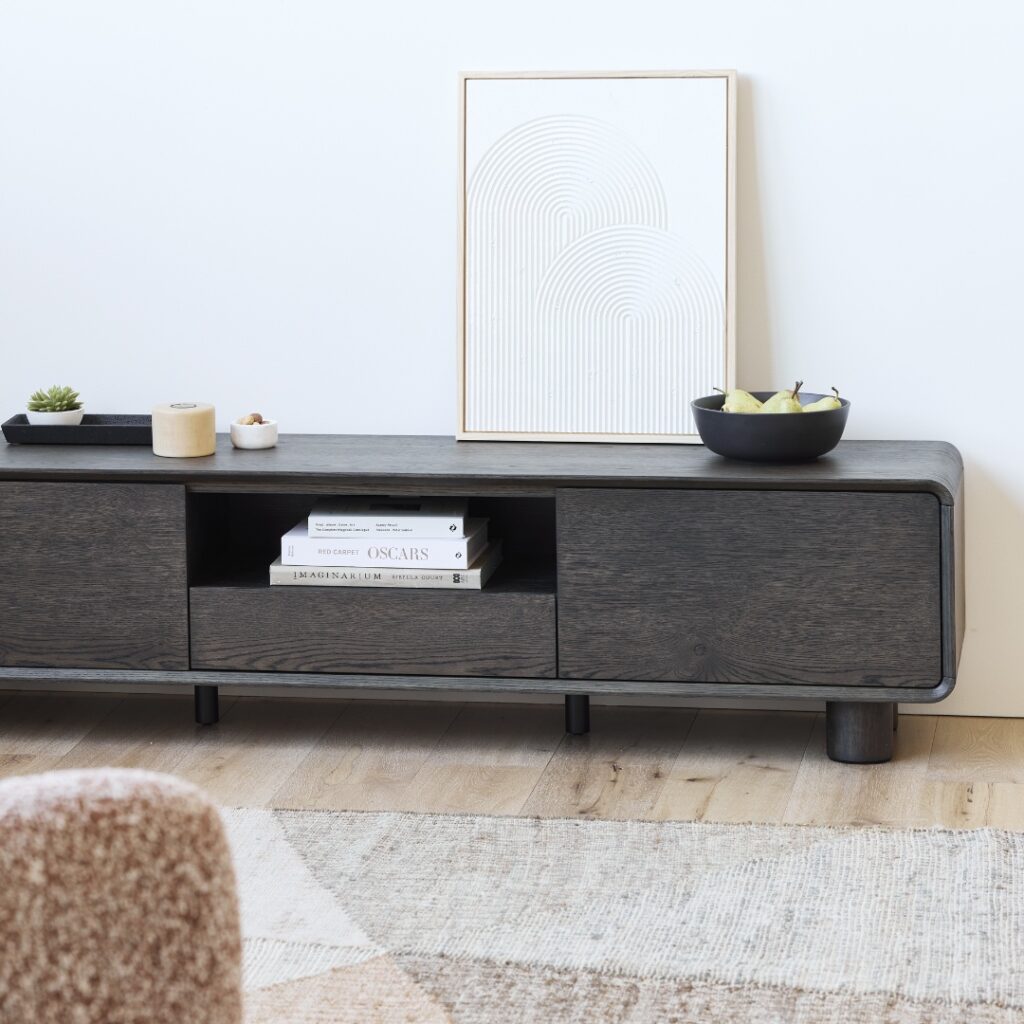 Capri TV unit with rich dark oak veneer and coffee-toned frame for modern living rooms