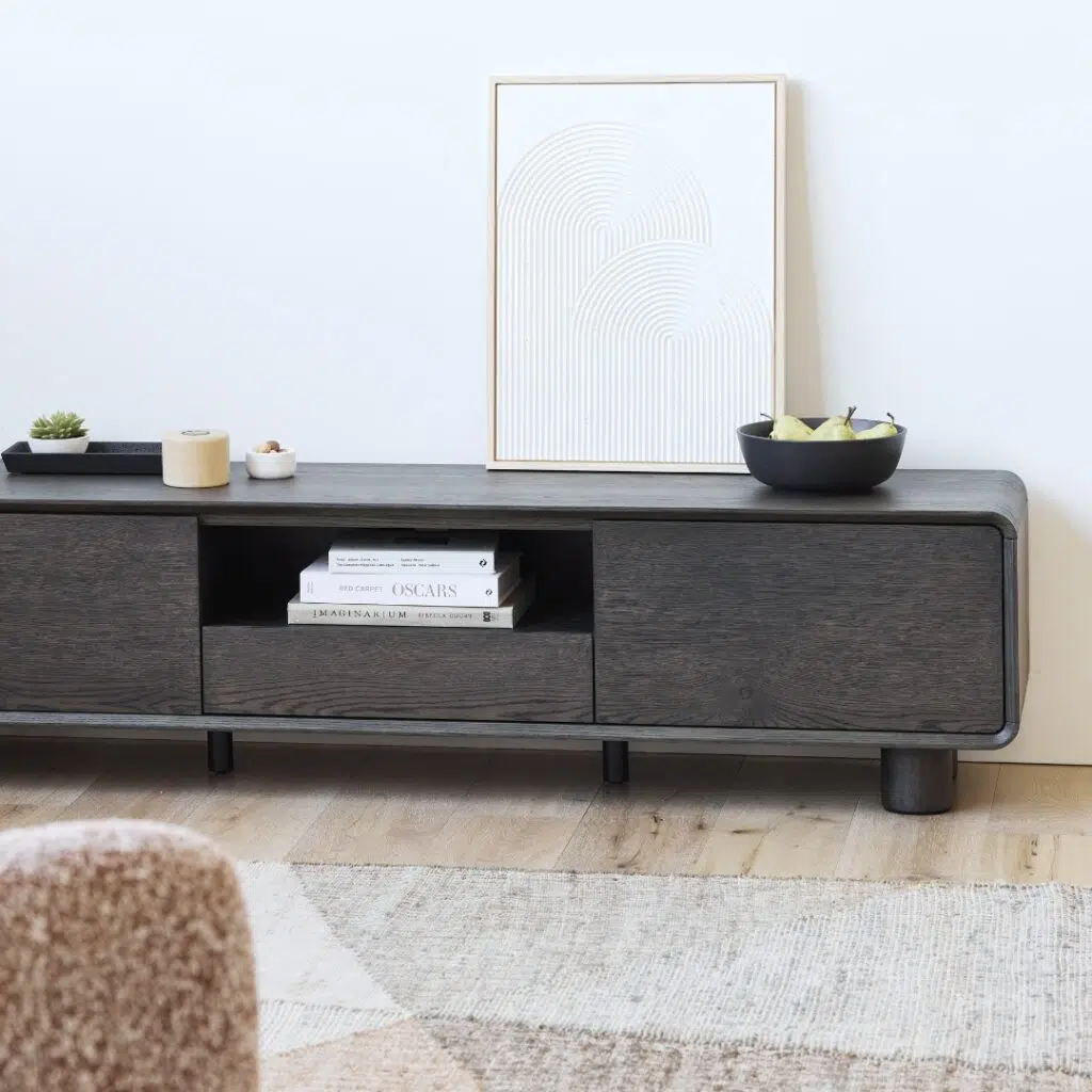 Capri TV unit with rich dark oak veneer and coffee-toned frame for modern living rooms