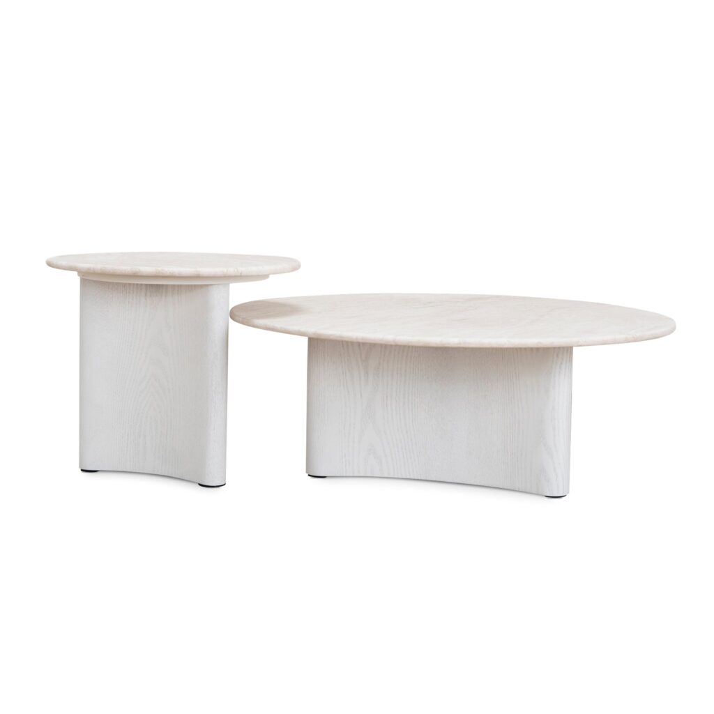 White Travertine Coffee Table with Nested Design and Wooden Base