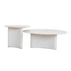 White Travertine Coffee Table with Nested Design and Wooden Base