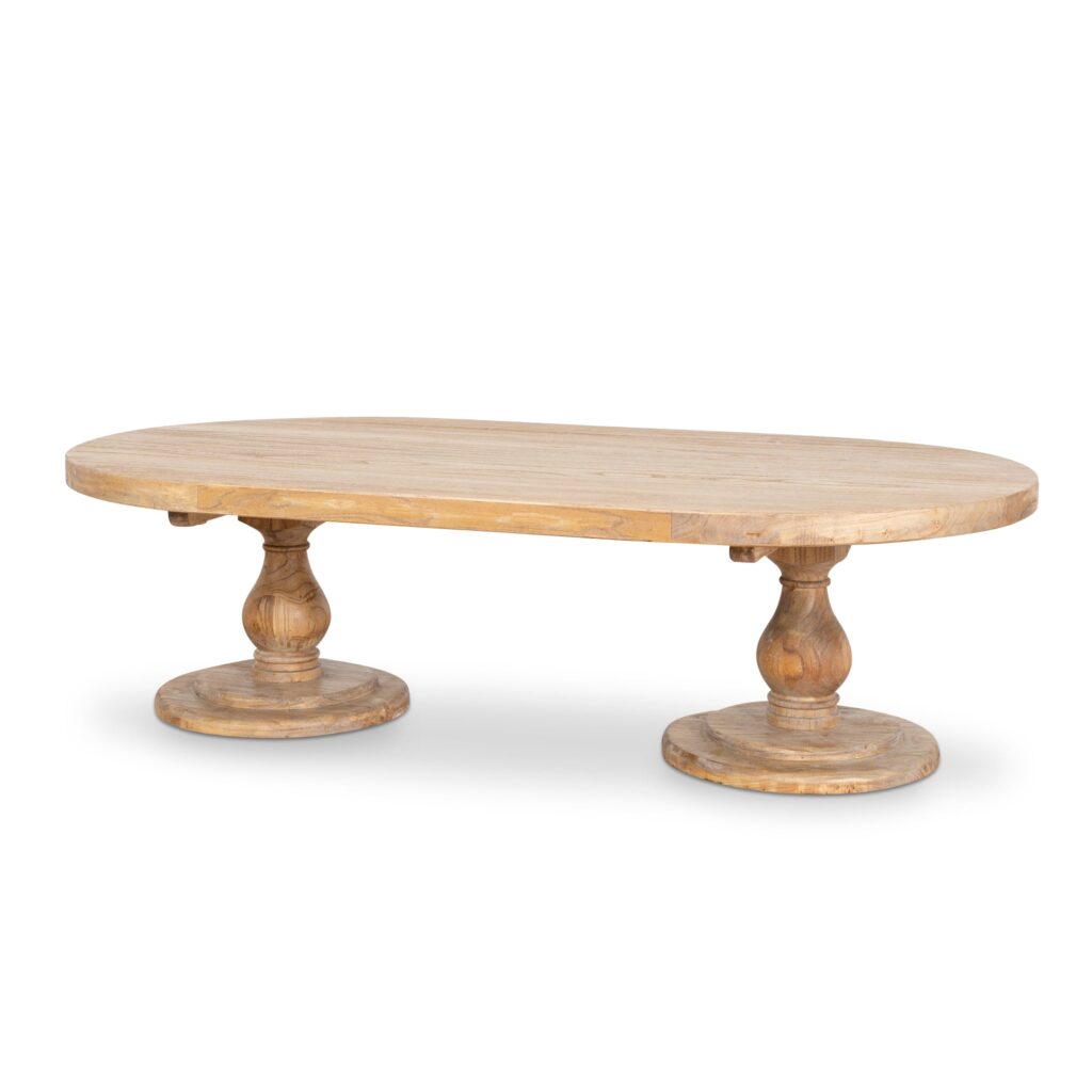 Anver 1.3m Natural Wood Coffee Table with Oval Top and Twin Pedestal Base
