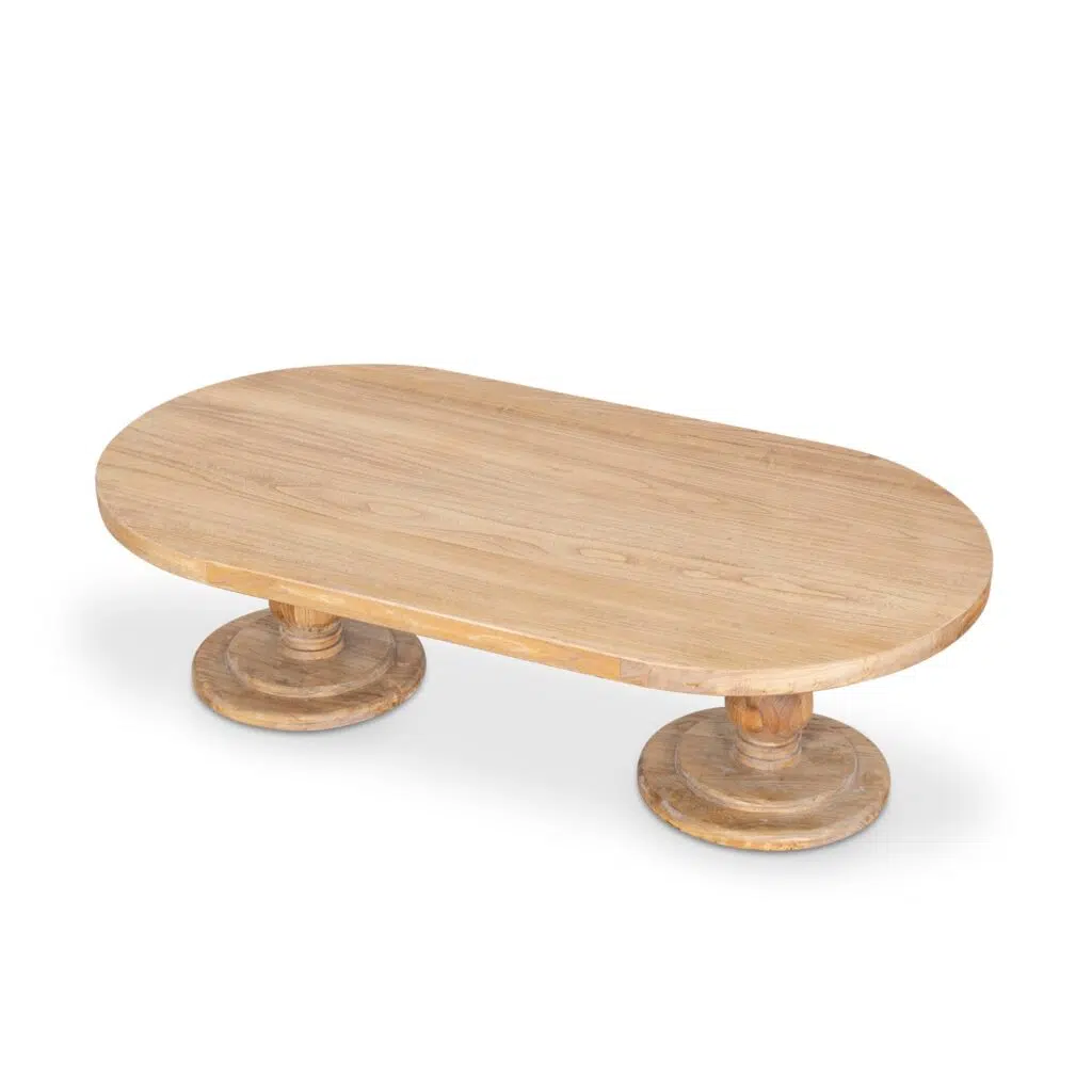 Anver 1.3m Natural Wood Coffee Table with Sleek Oval Design and Pedestal Base