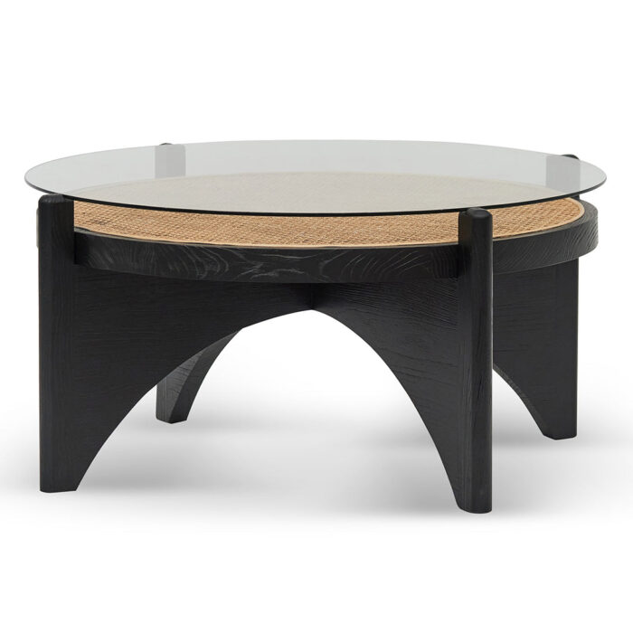 Risae 96cm Round Glass Coffee Table Black Handwoven Rattan