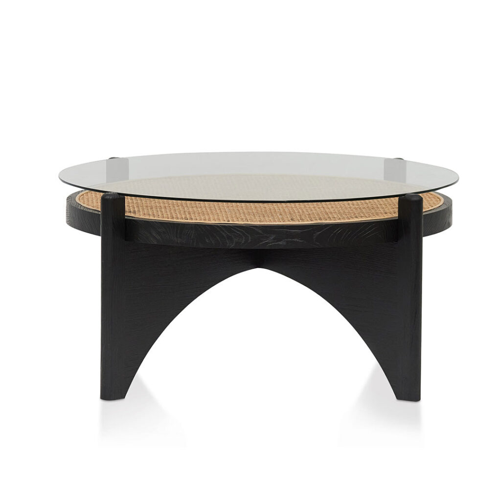 Risae 96cm Round Glass Coffee Table - Black Rattan Design