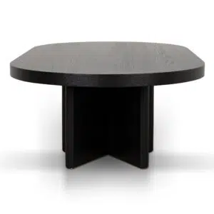 Modern pill-shaped coffee table with textured espresso black finish and triangular legs for living room.