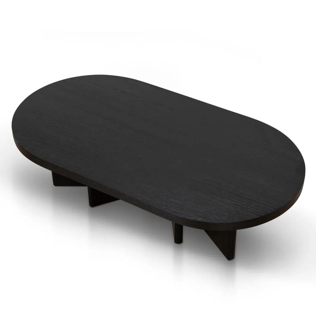 Clive Pill Shape Coffee Table with Textured Espresso Black Surface and Triangular Legs