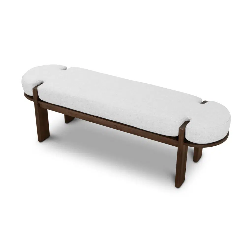 Ivora 1.6m Walnut Elm Bench – Natural Linen Cushion, Durable Modern Design