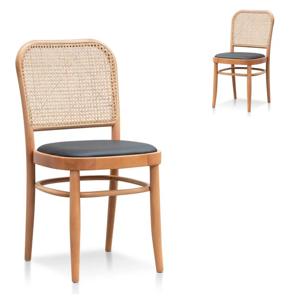 Eren Dining Chair Set of 2 Natural Rattan Black Leather Coastal