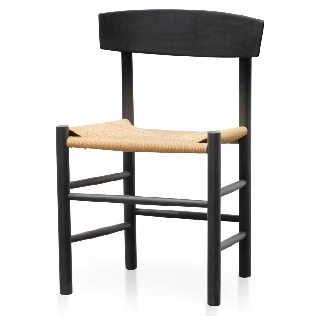 Black Rattan Dining Chair with Natural Woven Seat - Modern Coastal Design