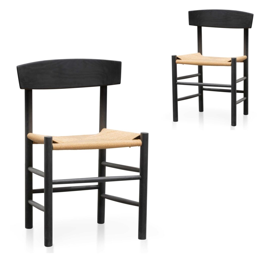Milo Rattan Black Dining Chair Natural Seat Set of 2 Modern Coastal Design