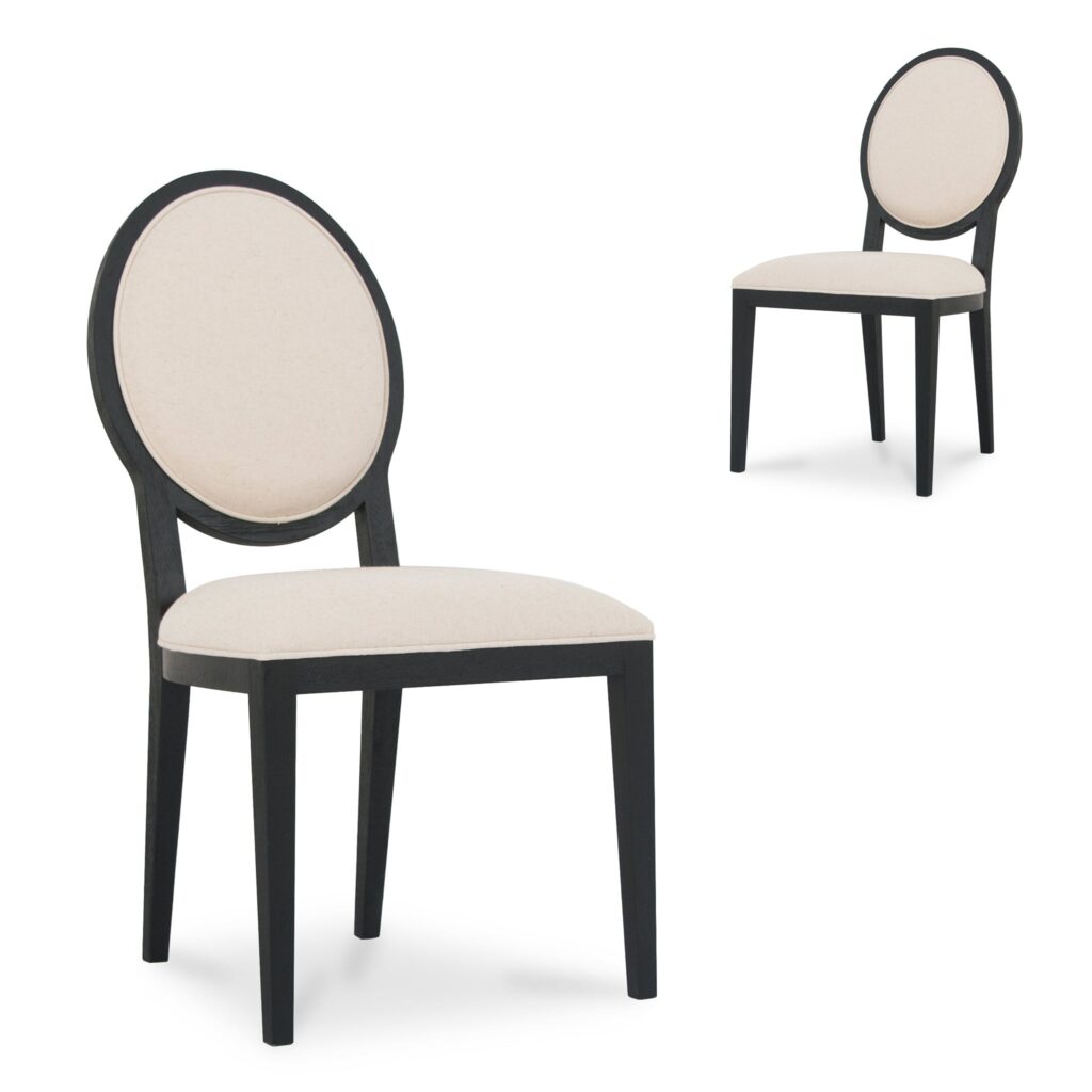 Light beige fabric dining chair with black frame set of 2