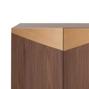 Modern geometric walnut sideboard with oak accents and adjustable storage compartments