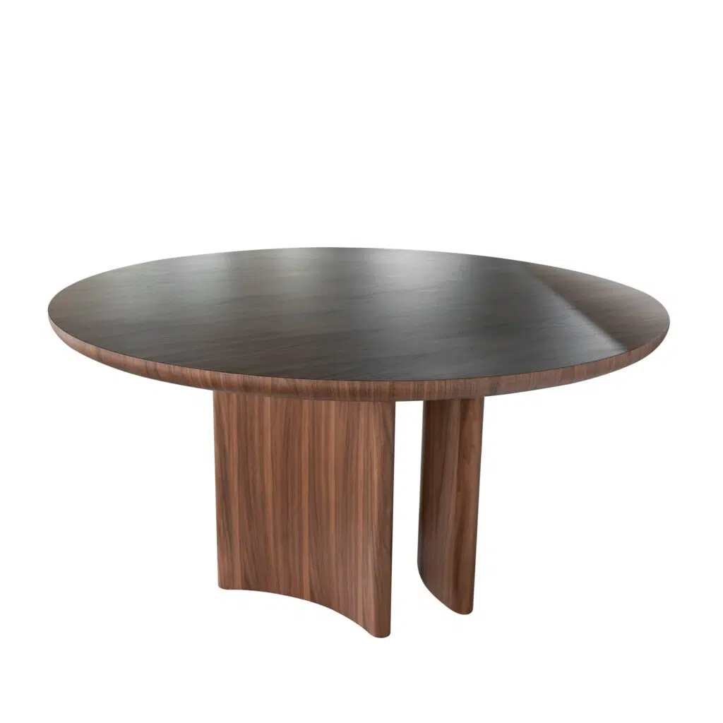 Fero 1.5m walnut round dining table with smooth curves and clean lines for modern spaces.