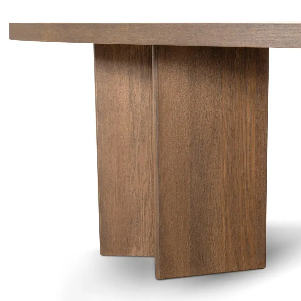 Spacious pill shape caramel oak dining table with geometric design