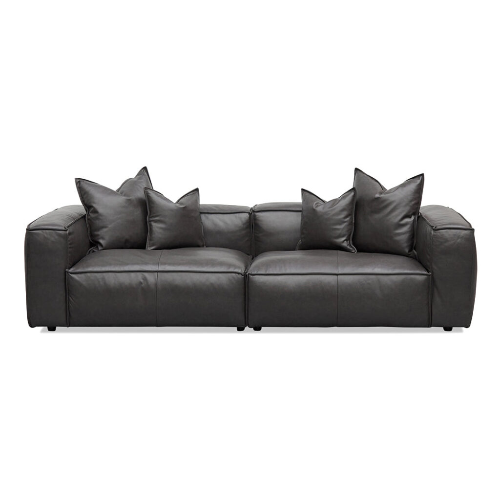 4 Seater Shadow Grey Leather Sofa with Cushions and Pillows