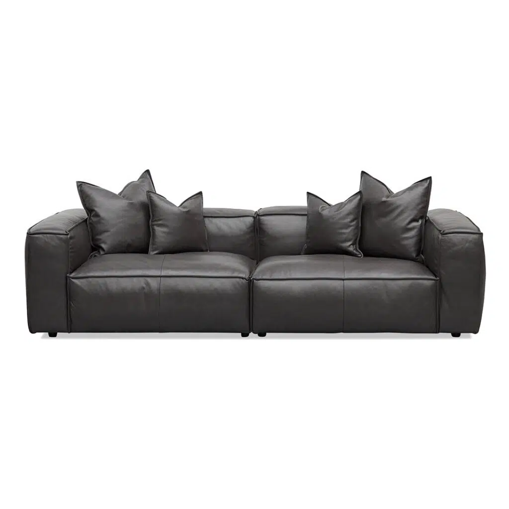 4 Seater Shadow Grey Leather Sofa with Cushions and Pillows