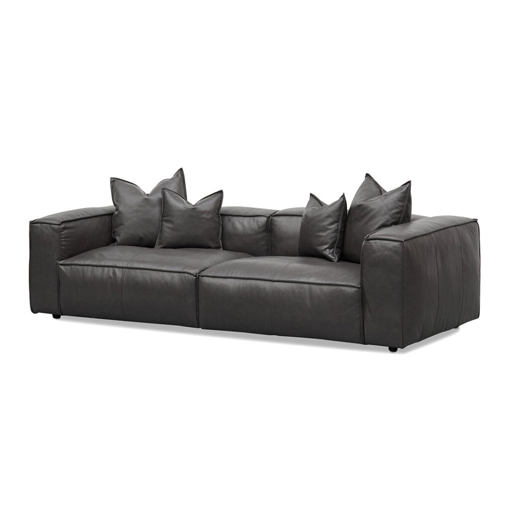 4-seater shadow grey leather sofa with cushions and pillows