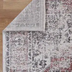 Provence-inspired abstract rug with cream and light grey tones, anti-static polypropylene fibers for durability.