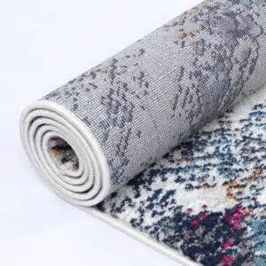 Provence-inspired stonewashed grey and blue rug with anti-static polypropylene