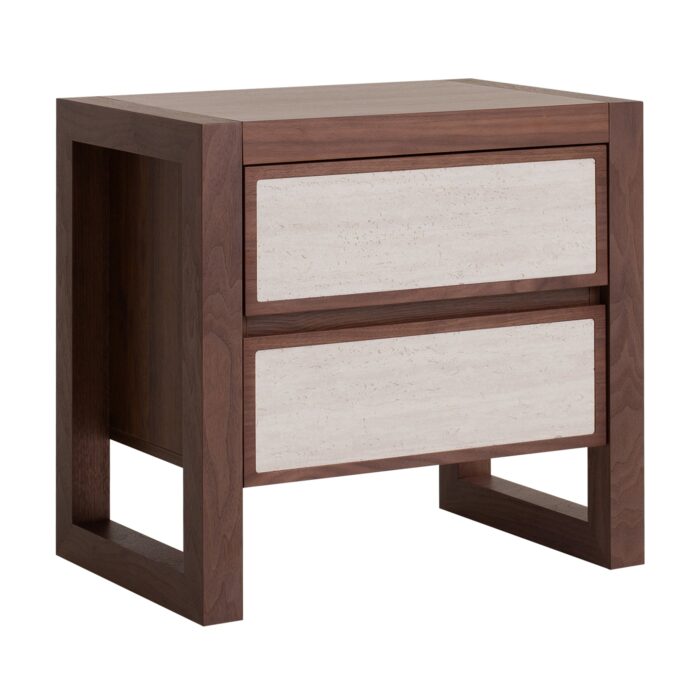 Loma Walnut Bedside Table with Stone Veneer and Storage Drawers