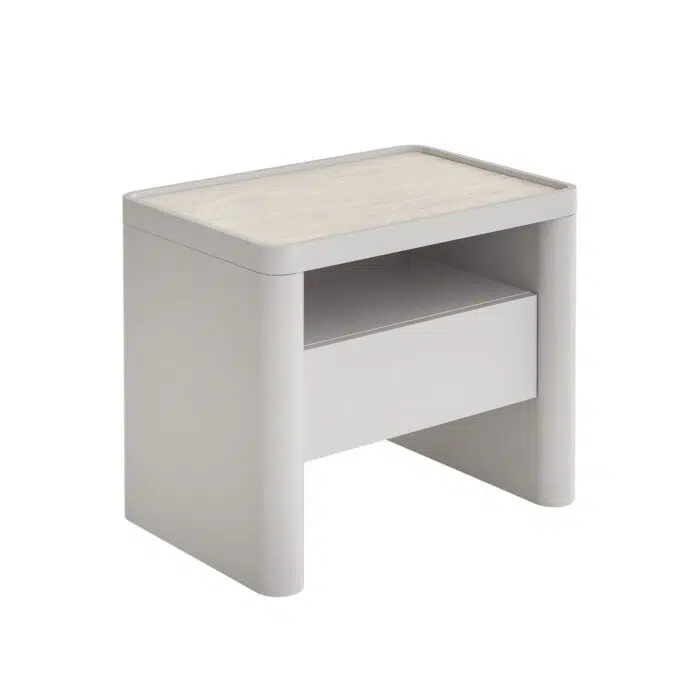 Vela Glass Top Bedside Table – Warm Grey