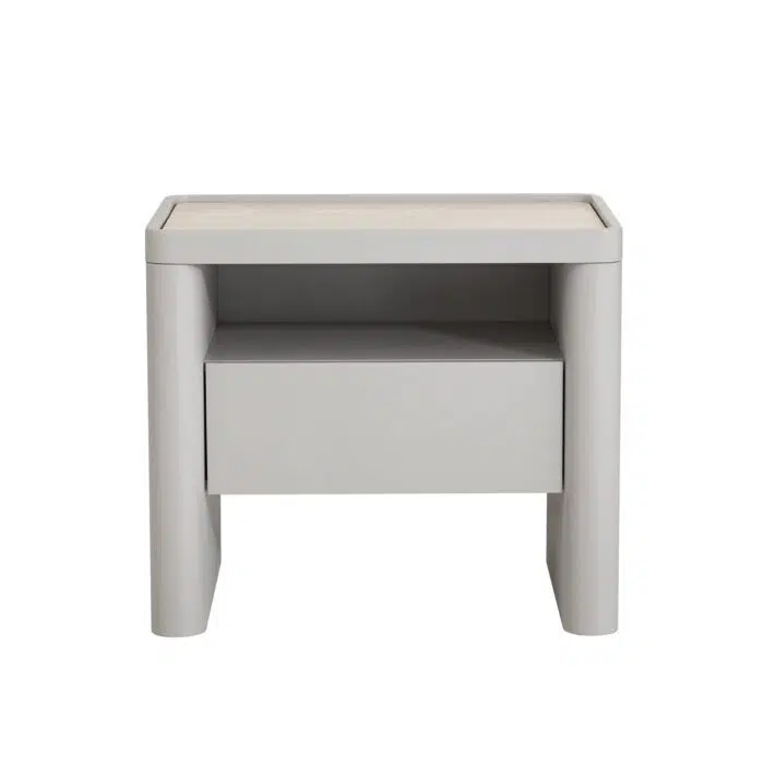 Vela Warm Grey Glass Bedside Table - Contemporary Design, Storage & Elegant Surface