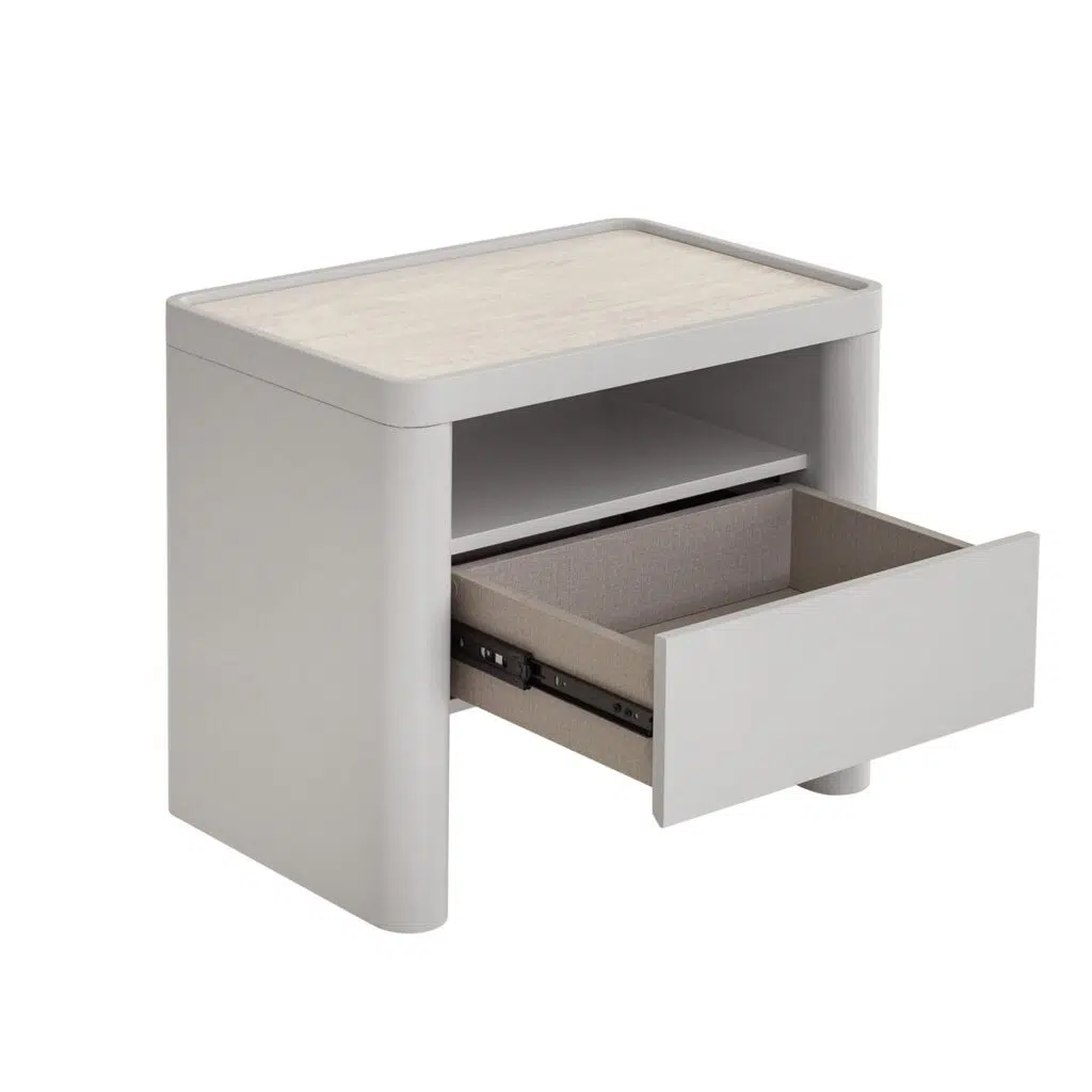 Vela Warm Grey Glass Bedside Table - Modern Design with Drawer & Shelf