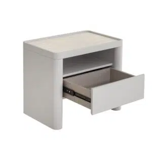 Vela Warm Grey Glass Bedside Table - Modern Design with Drawer & Shelf