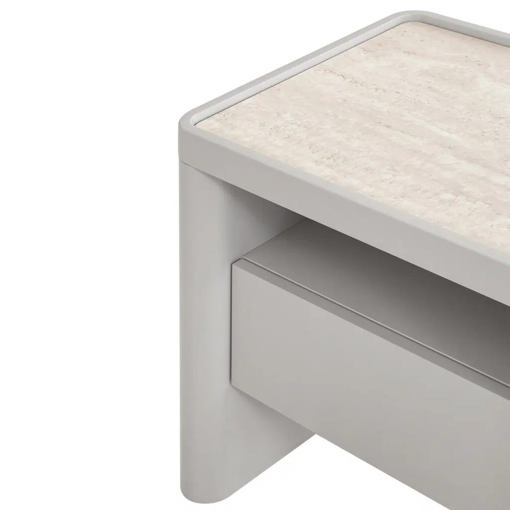 Vela Warm Grey Glass Bedside Table – Modern Design with Storage Drawer