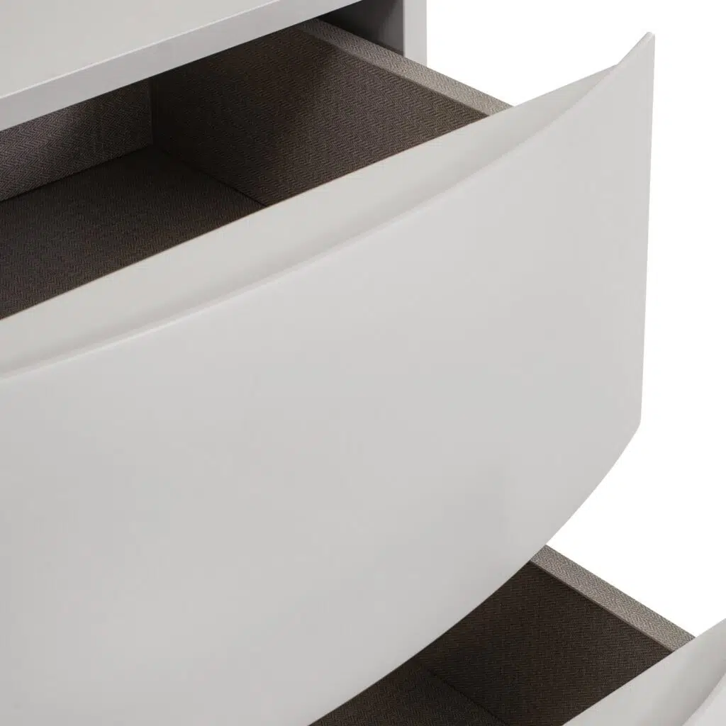 Modern minimalist bedside table with warm grey finish, storage drawers