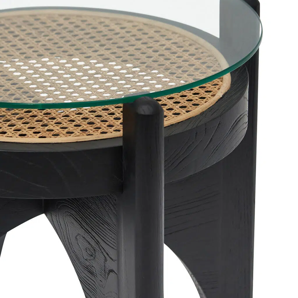 Black Round Glass Side Table with Solid Elm Base – Modern Design