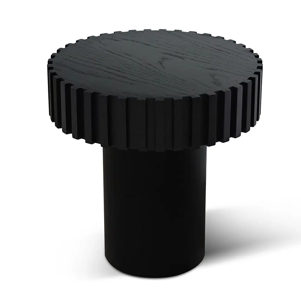 Sory 50cm Full Black Round Side Table with Vertical Wood Panel