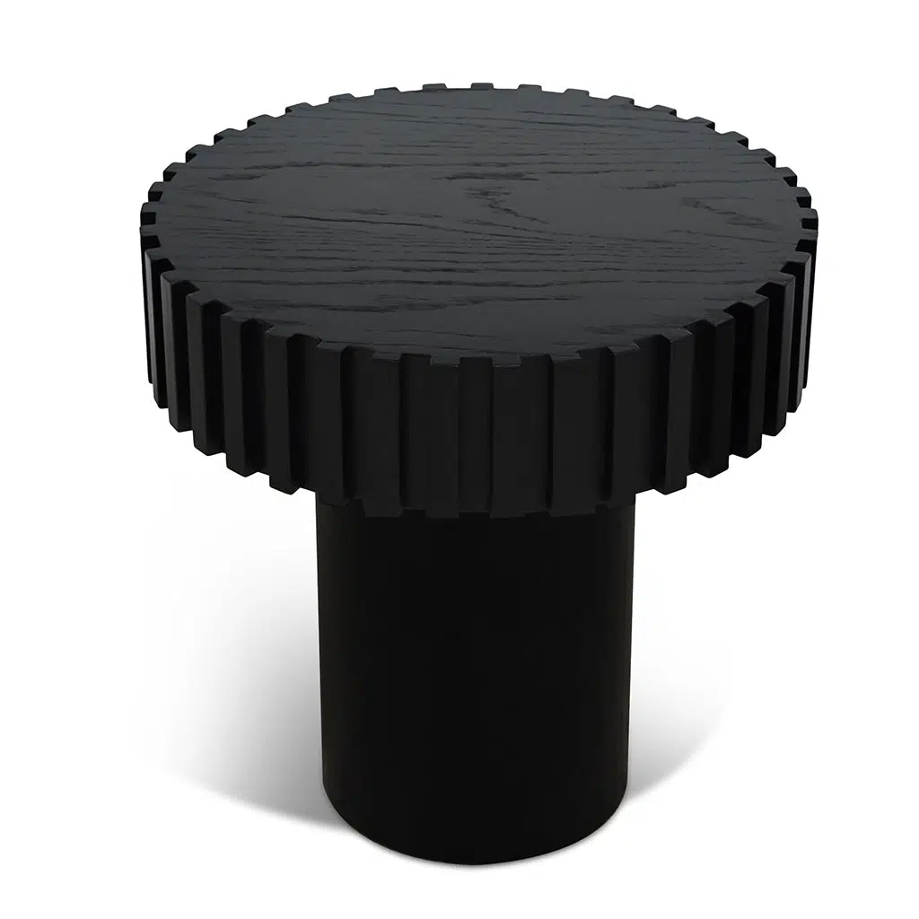 Sory 50cm Round Black Side Table with Vertical Wood Panel Design