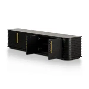 Mylen 2.3m TV Entertainment Unit Textured Espresso Black with Gold Handles and Wood Slats