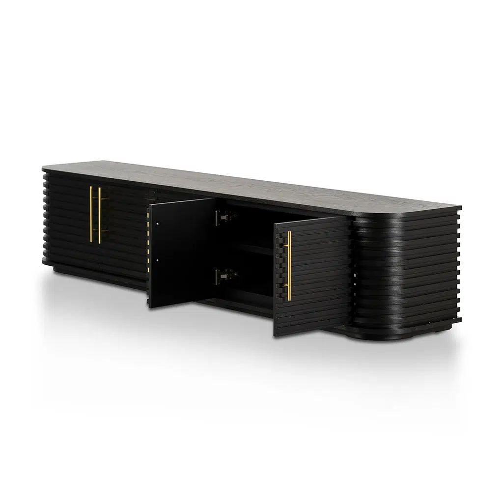 Mylen 2.3m TV Entertainment Unit Textured Espresso Black with Gold Handles and Wood Slats
