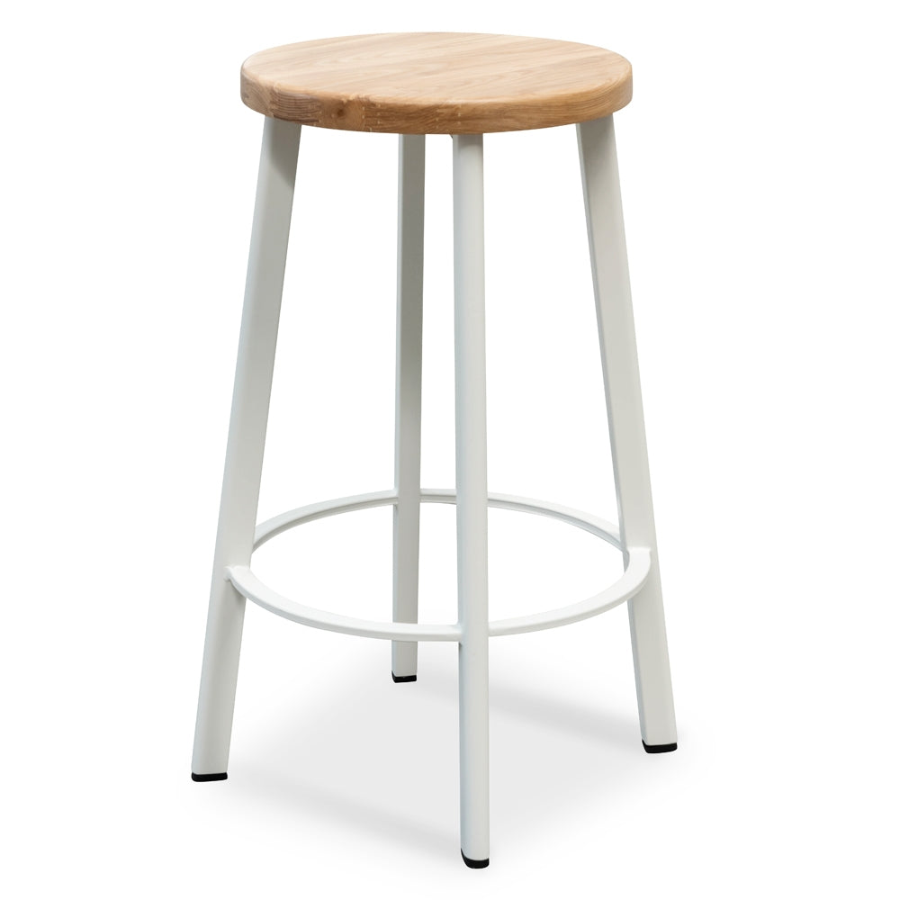 Loni 65cm Bar Stool - Natural Timber Seat & White Frame (Set of 2)