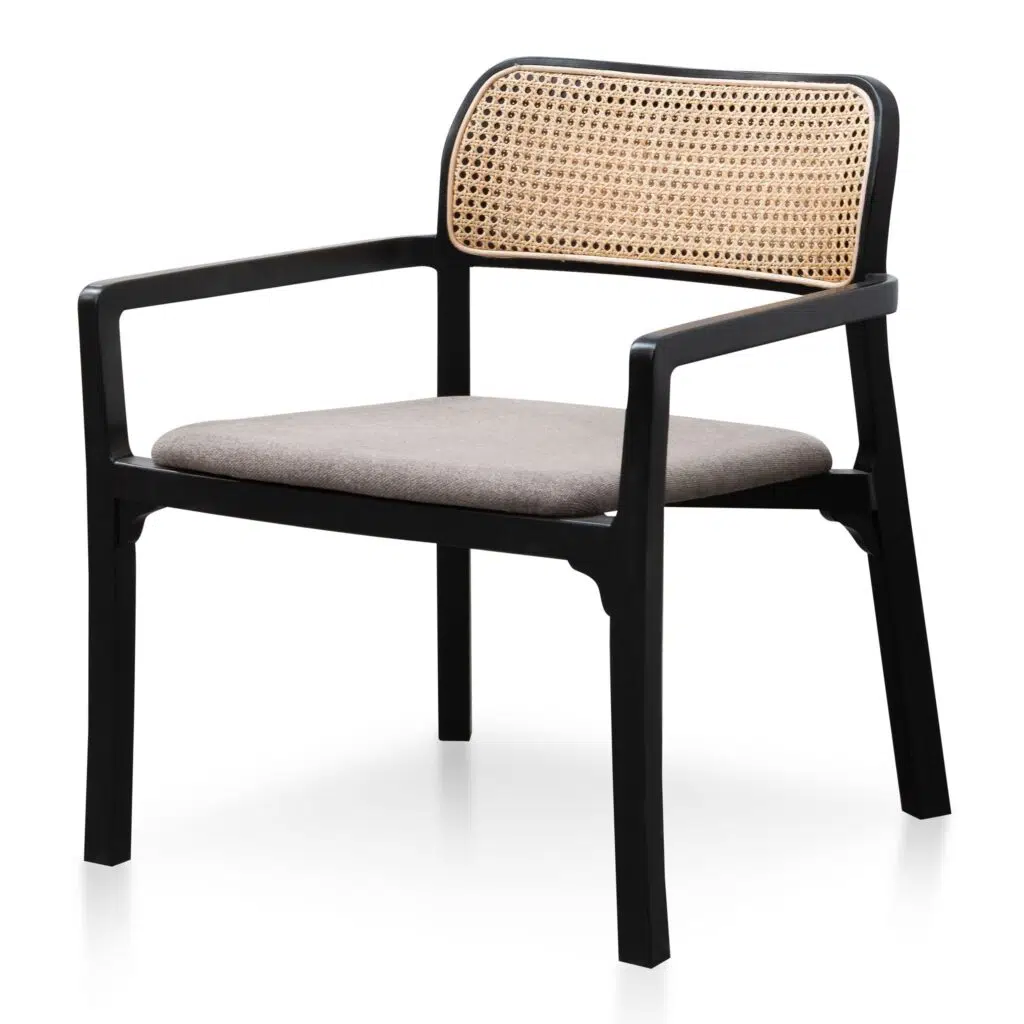 Nima Fabric Armchair Caramel Grey Black Legs Modern Coastal