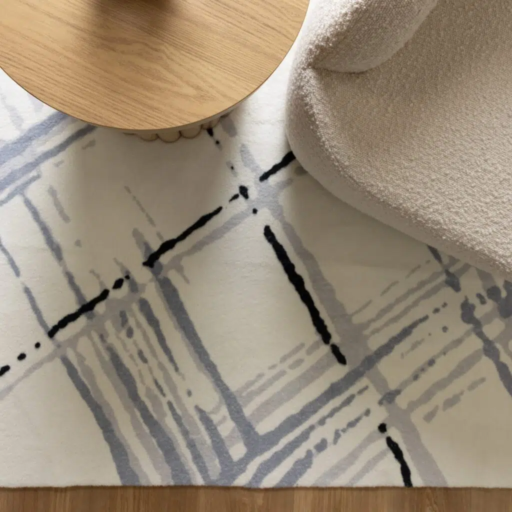 Cloud Geo Cream Blue Machine-Washable Rug: Soft Comfort & Durable Design