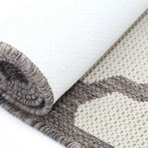 low-maintenance geometric rug with neutral design and durable heatset polypropylene construction