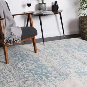 Delicate Audrey Ivory & Blue Rug Traditional Design Durable Easy Care Turkish Manufacturing Modern Functionality Classic Aesthetics