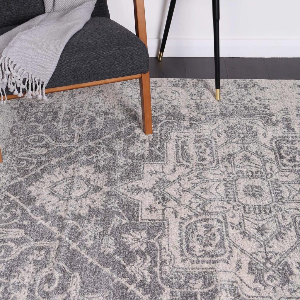 Modern Craft Delicate Audrey Rug with Antique Motifs & Geometric Repeats, Ivory & Grey, Durable for Home & Office