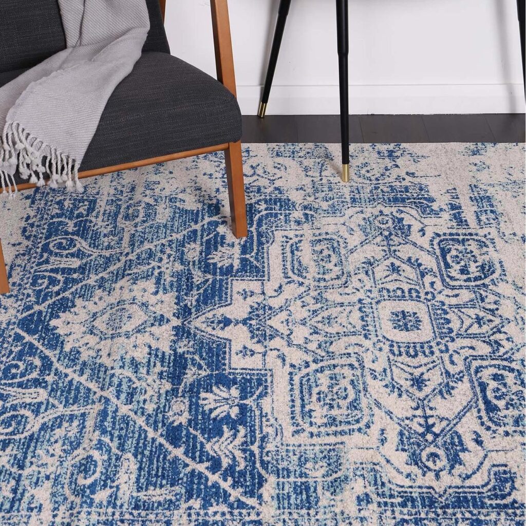 Delicate Audrey Ivory Navy Rug - Antique Motifs, Geometric Repeats, Ikat Elements, Heatset Polypropylene, Turkey Made, 11mm Pile