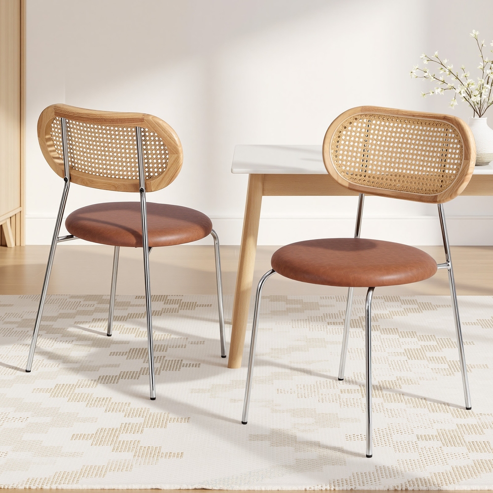 Artiss Dining Chairs Brown Set - Retro Modern Comfort PU Leather Rattan Backrest Easy Assembly