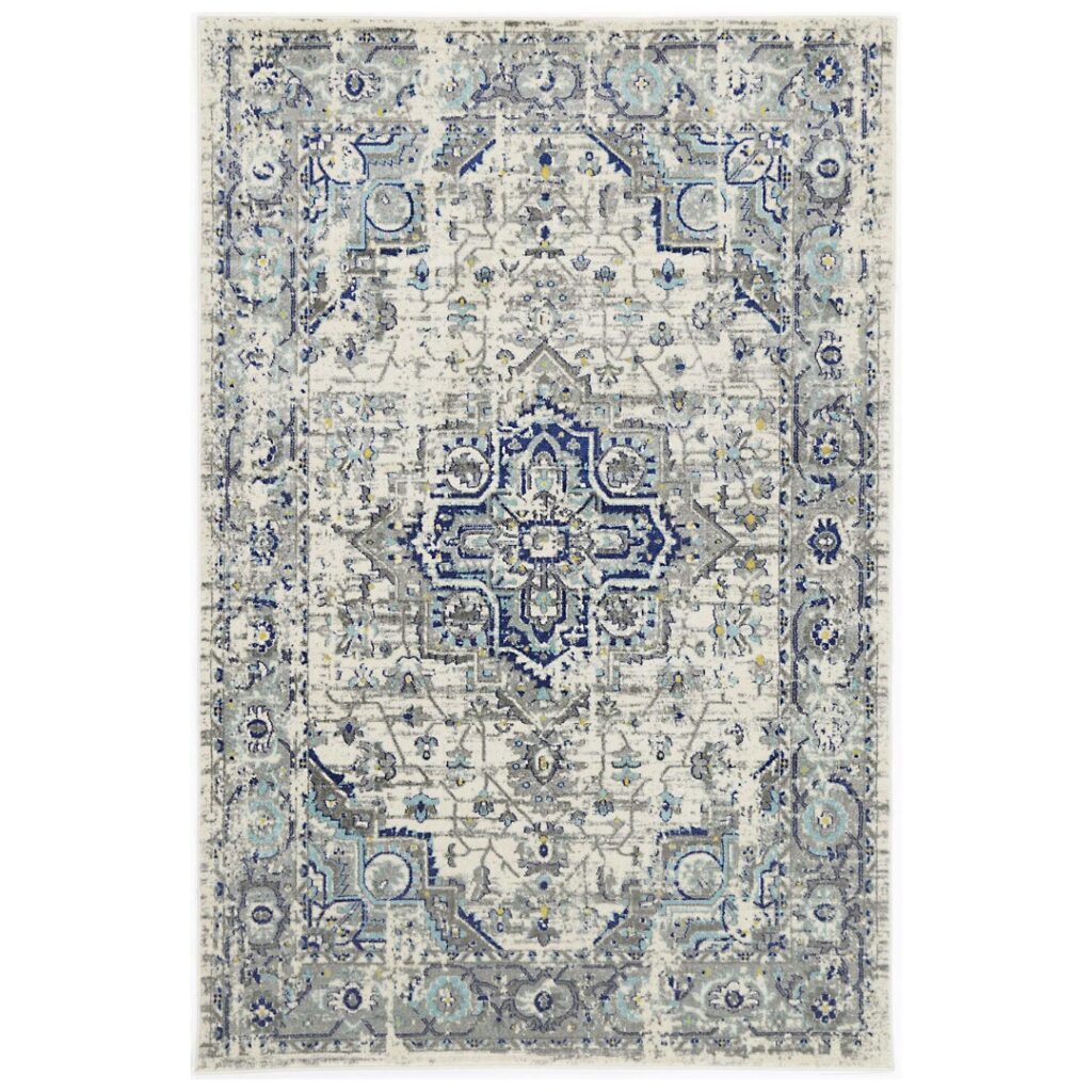 Delicate MeMontana Ivory & Blue Rug - Traditional Design, Heatset Polypropylene, Versatile for Living Rooms & Offices