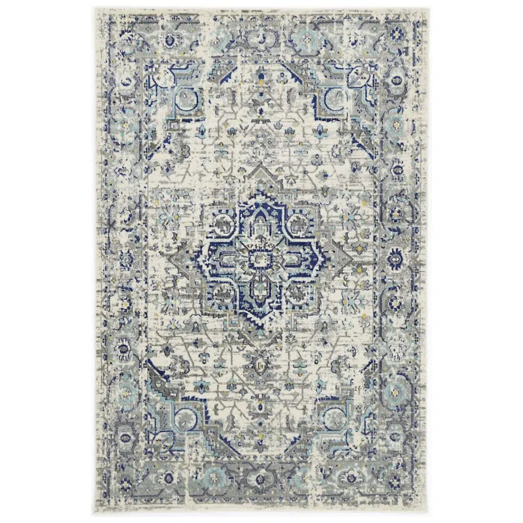 Delicate MeMontana Ivory & Blue Rug - Traditional Design, Heatset Polypropylene, Versatile for Living Rooms & Offices