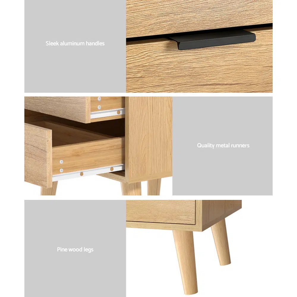 Scandinavian-inspired 2-drawer pine bed table with premium quality and durability