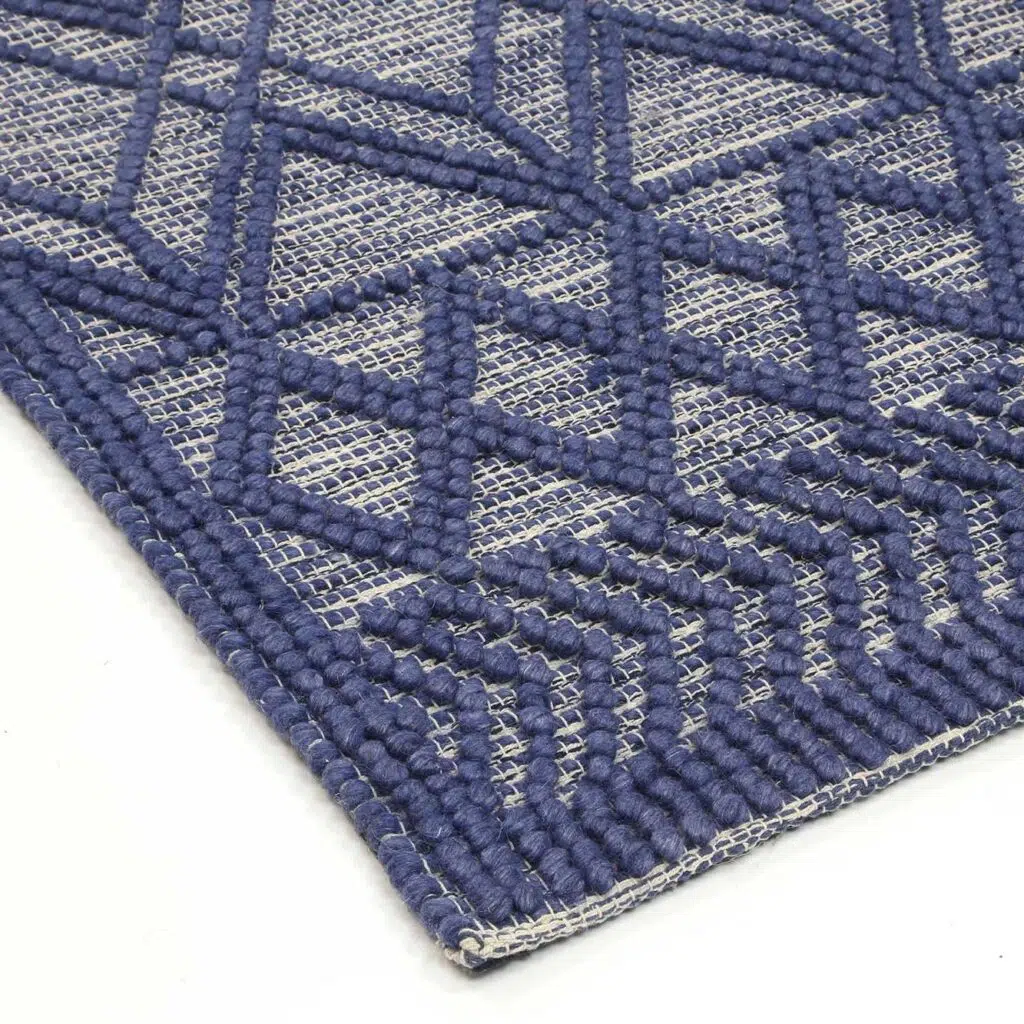 Himalaya Cobblestone Tribal Blue Wool Rug - 70% wool, 30% polyester, 12mm pile, latex-free, elegant layered texture