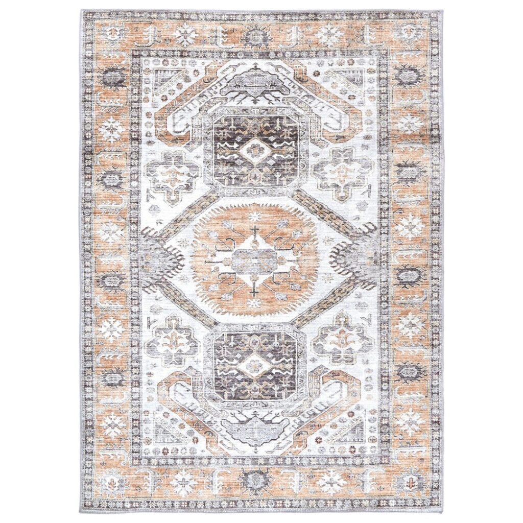 Eco-friendly machine-washable rug with stain-resistant surface and durable design
