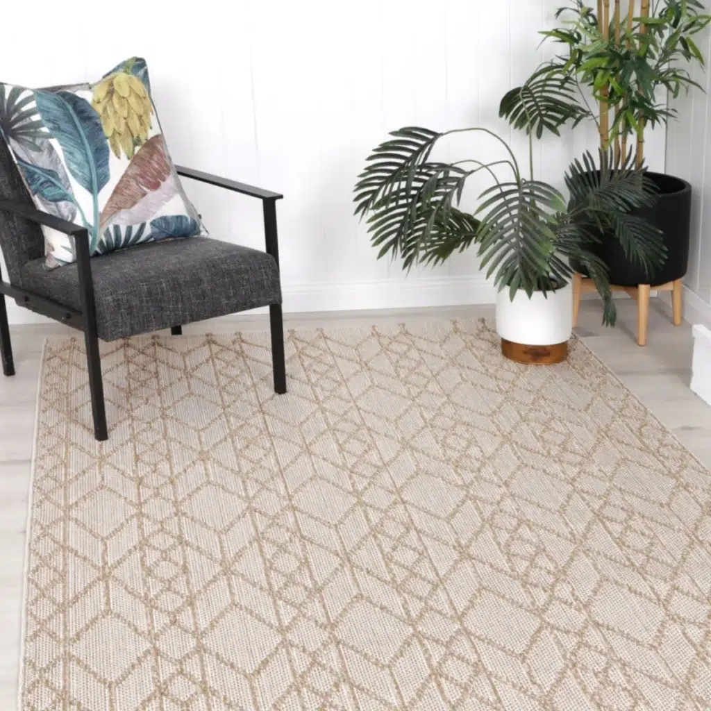 Beige indoor outdoor Maldives Gaia rug versatile durable design stylish modern living room patio decor