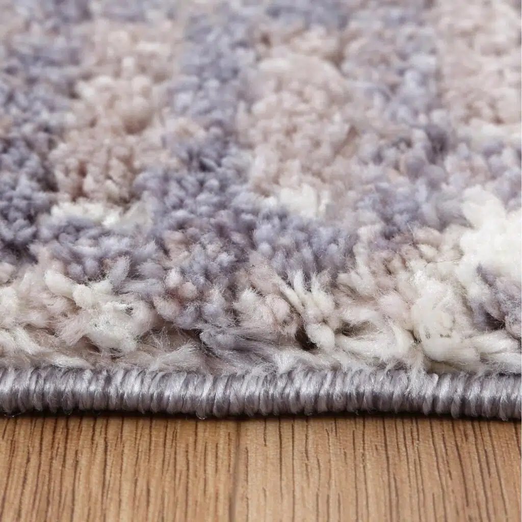 Luxurious shag rug with Moroccan patterns, polyester, comfortable for living rooms, offices, and cozy corners.